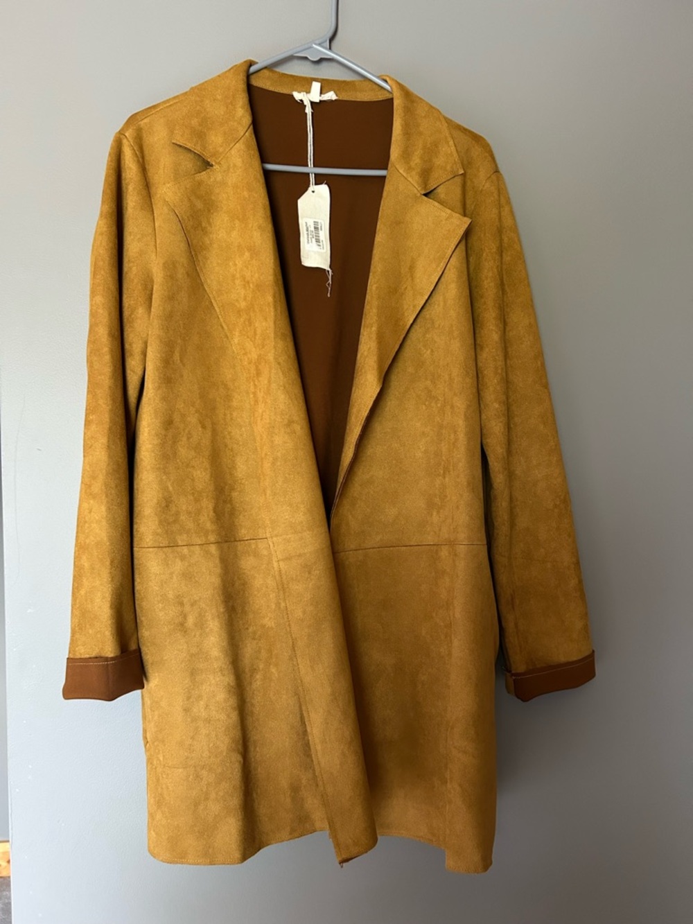 Mystree Mustard Open-Front Suede Trench Coat - Picture 2 of 8